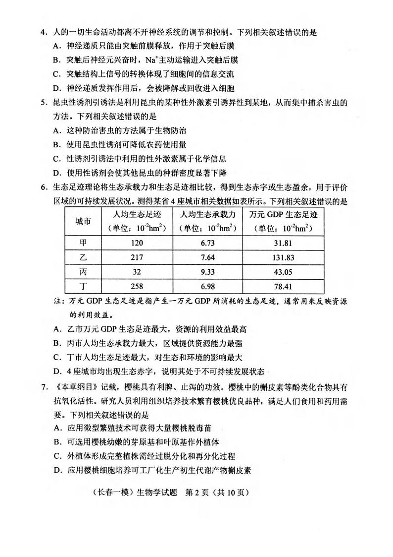 生物丨吉林省长春市2025届高三11月质量监测（一）生物试卷及答案第2页
