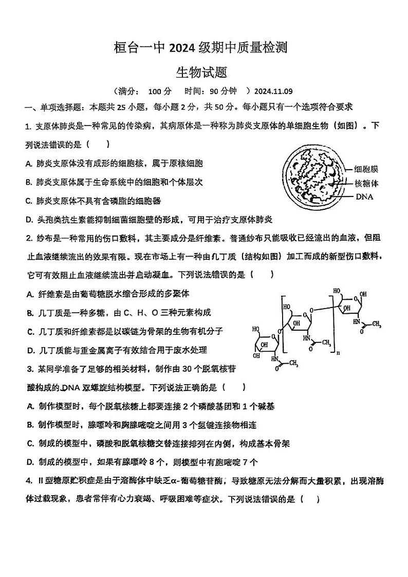 山东省淄博市桓台第一中学2024-2025高一上学期期中考试生物试卷第1页
