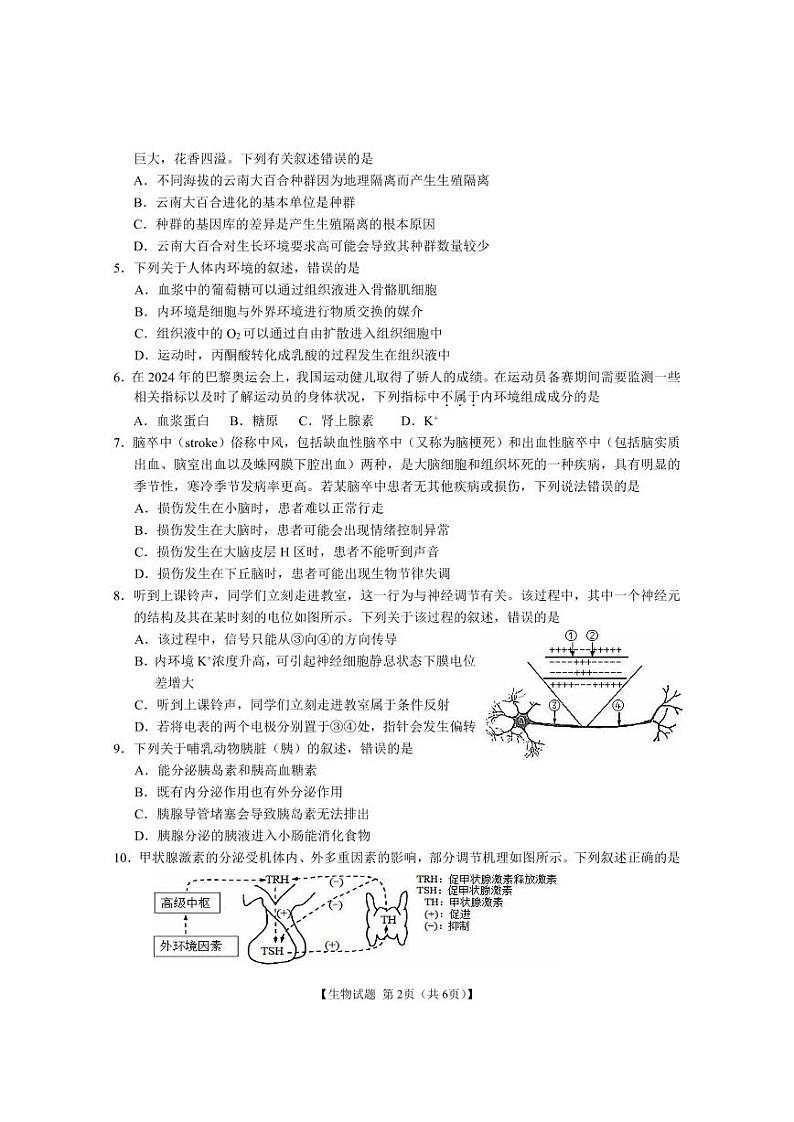 安徽省江淮名校2024-2025学年高二上学期期中考试生物试卷02