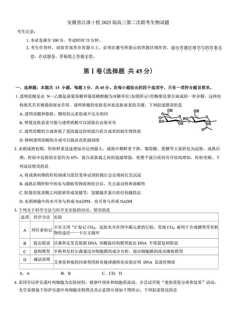 安徽省江淮十校2025届高三上第二次联考生物试卷(含答案)第1页