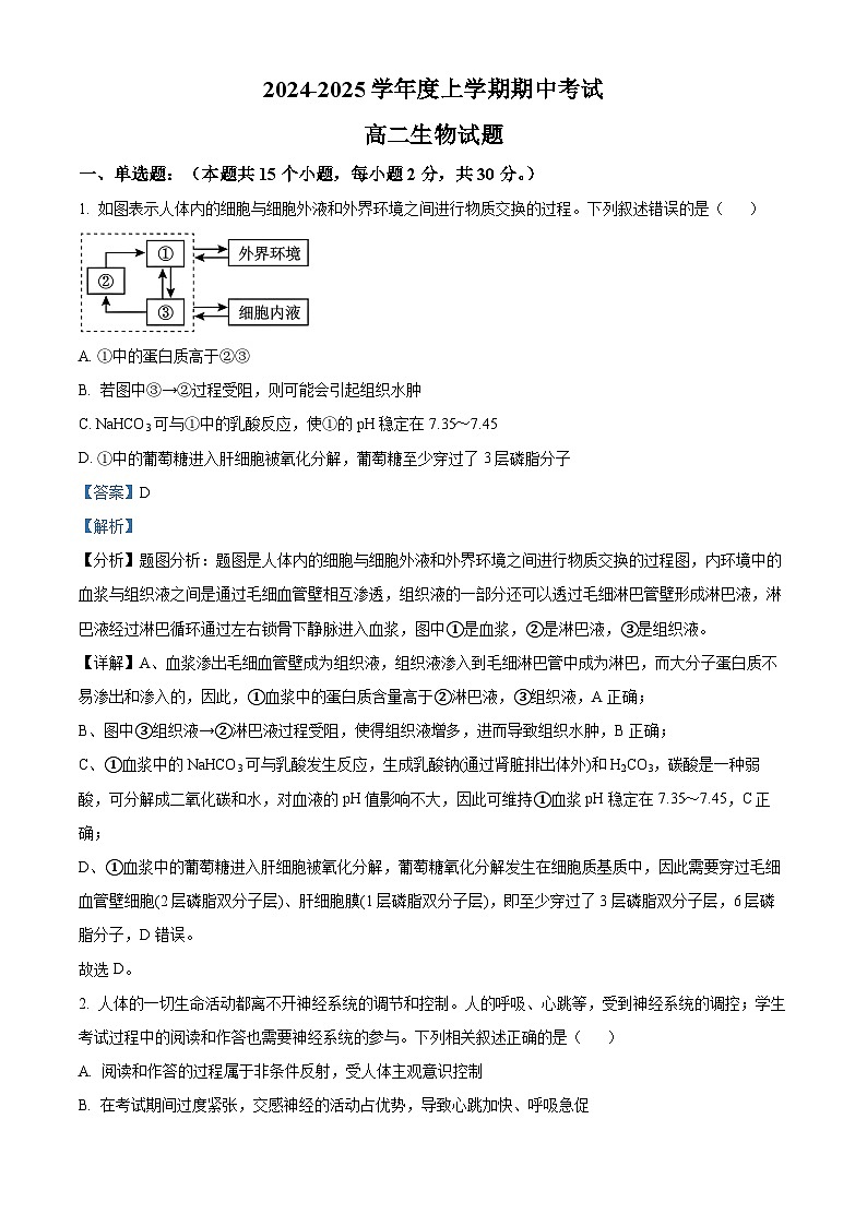 精品解析：黑龙江省齐齐哈尔市第八中学校2024-2025学年高二上学期期中考试生物试卷（解析版）第1页