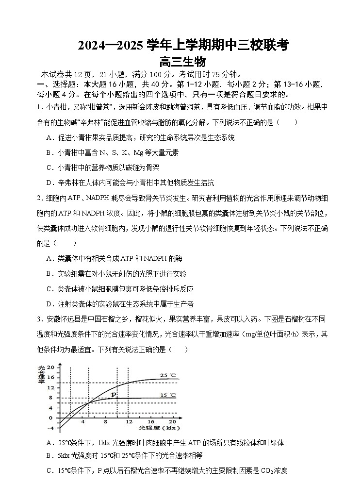 广东省广州外国语、广大附中、铁一中学等三校2024-2025学年高三上学期期中联考生物试题第1页