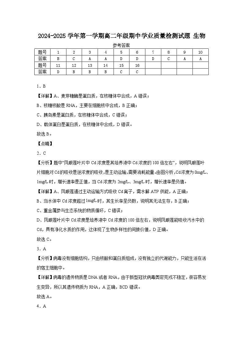 2024-2025学年第一学期高二年级期中学业质量检测试题 生物参考答案第1页
