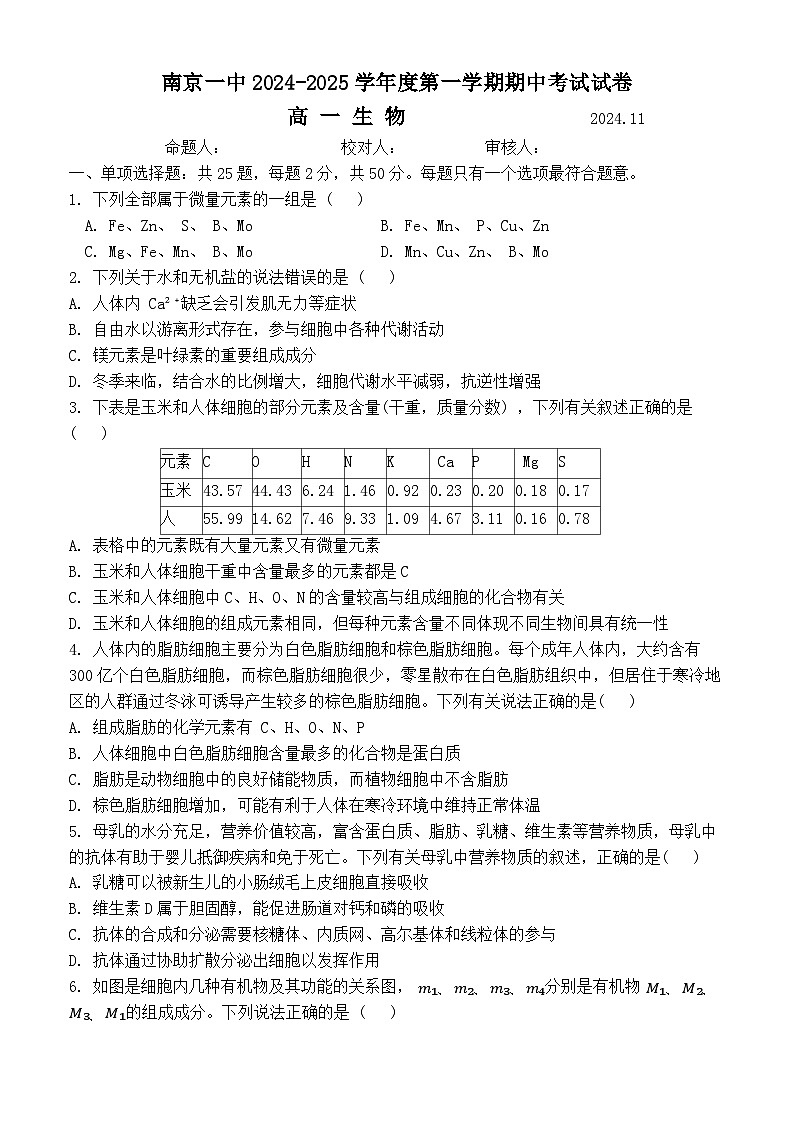 江苏省南京市第一中学2024~2025学年高一上学期11月期中考试生物试卷第1页