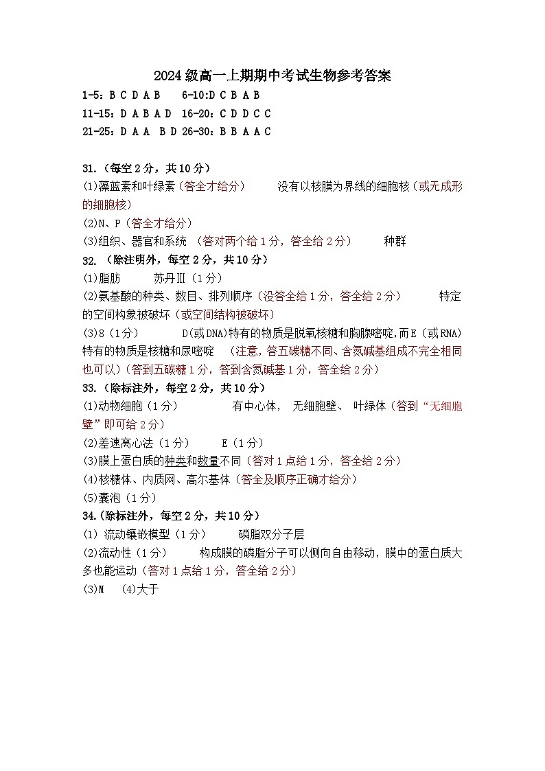四川省南充高级中学2024-2025高一上学期期中考试生物试题答案第1页