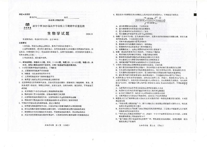 福建省名校联盟2024-2025学年高三上学期期中考试生物第1页