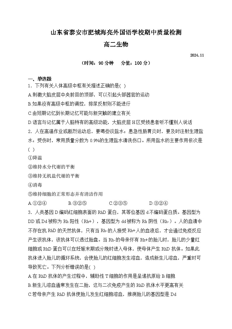 山东省泰安市肥城市肥城海亮外国语学校2024-2025学年高二上学期期中检测生物试卷第1页