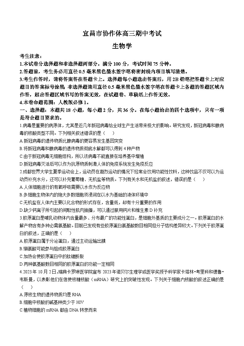 2025宜昌协作体高三上学期期中考试生物含解析01