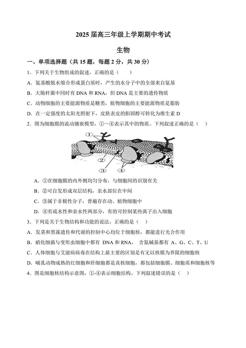 江苏省宿迁市2024～2025学年高三(上)期中生物试卷(含答案)01