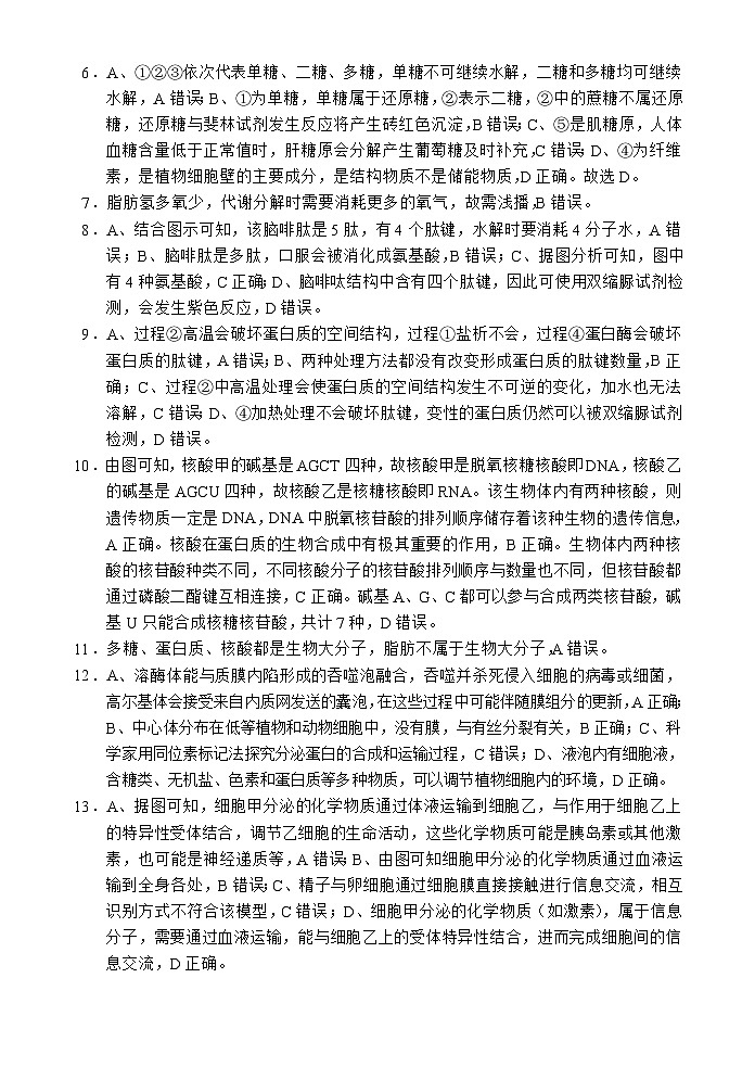 高一生物段考答案（24-25第一学期）第2页