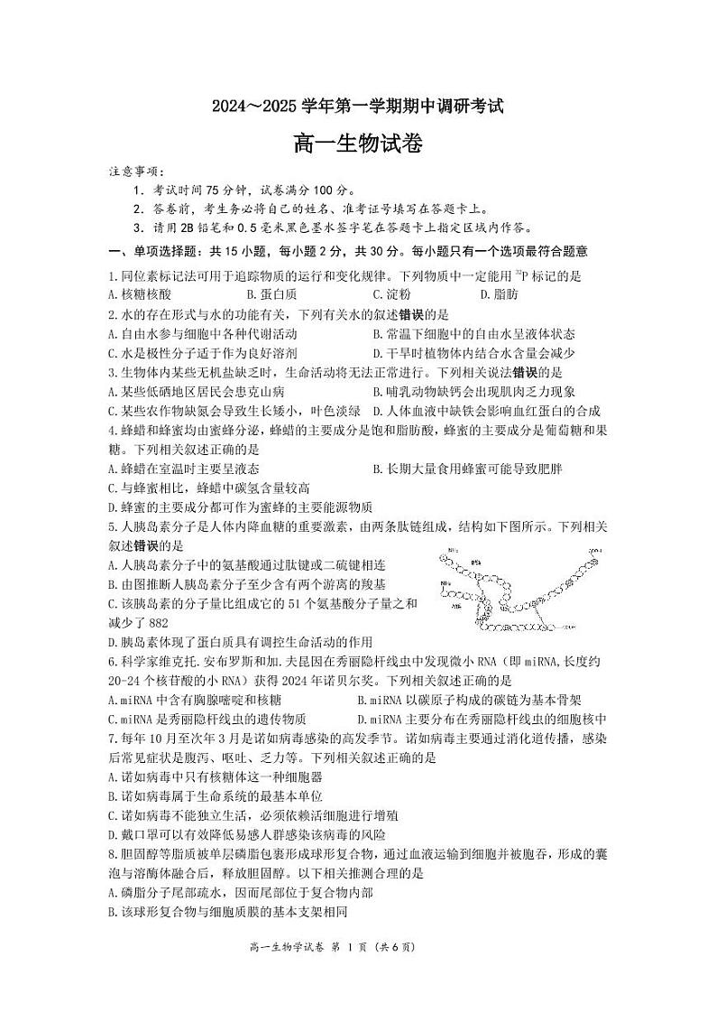 江苏省连云港市灌南县2024-2025学年高一上学期11月期中生物试题01