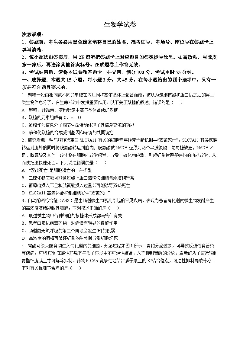 重庆市巴蜀中学2024-2025学年高三上学期11月月考生物试卷（Word版附答案）第1页