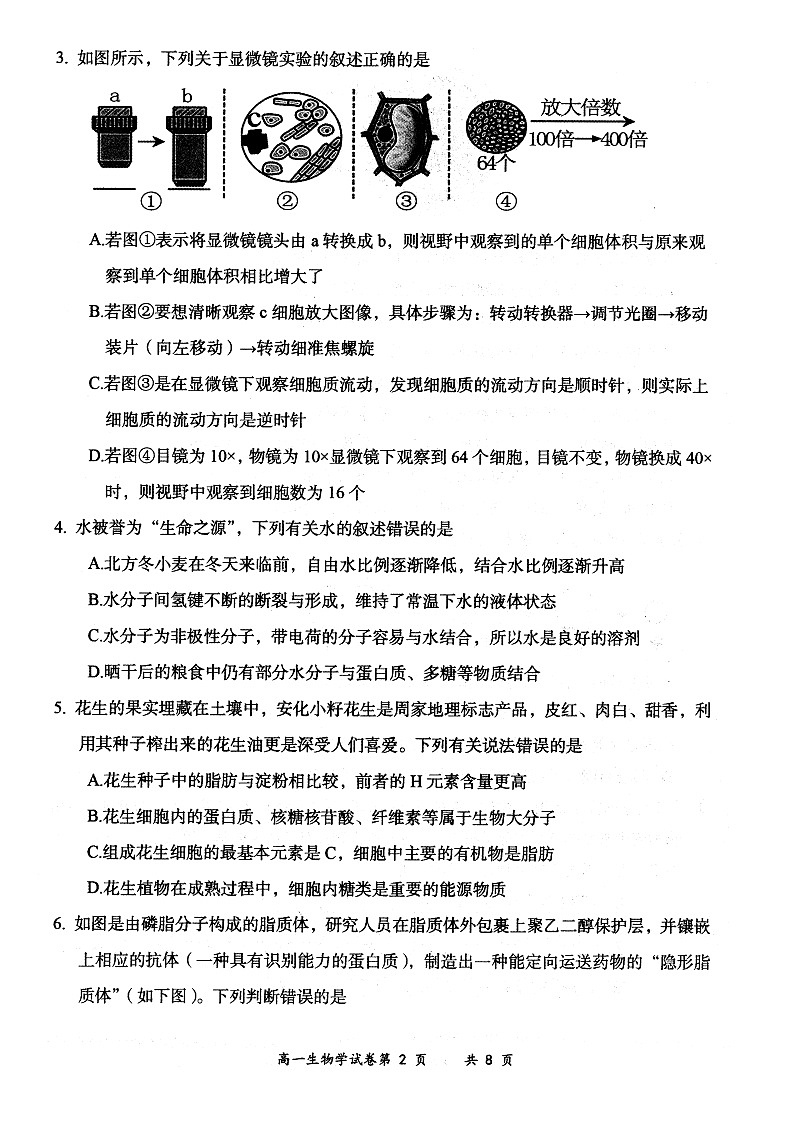 山西省大同市2024-2025学年度第一学期期中高一年级教学质量检测生物试题第2页