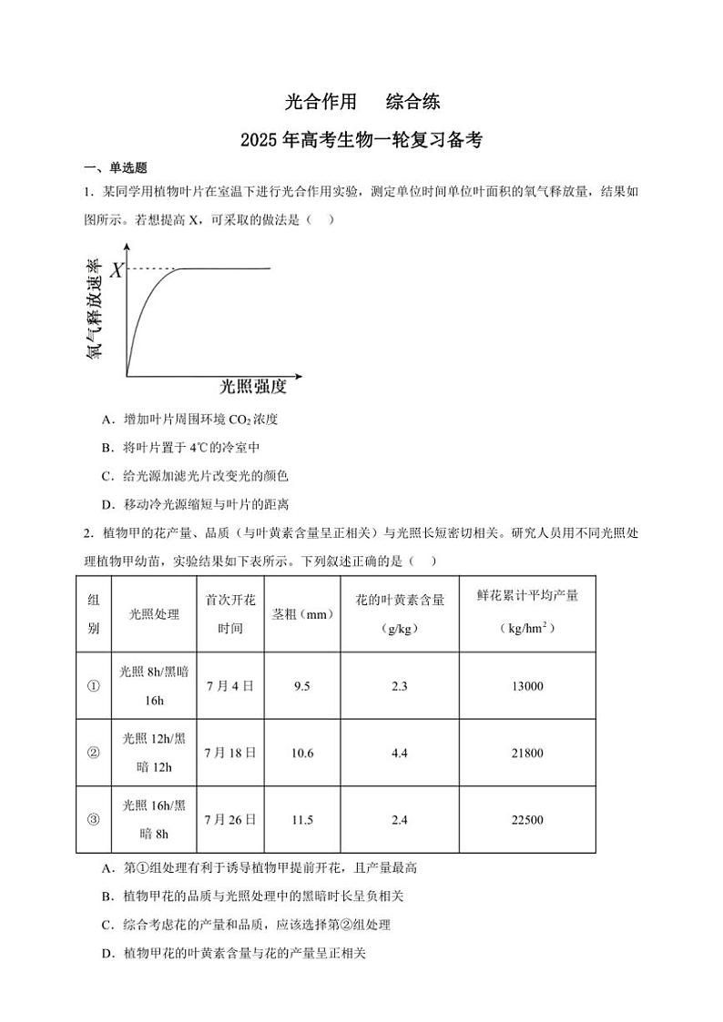 2025年高考生物一轮复习 光合作用 综合练第1页