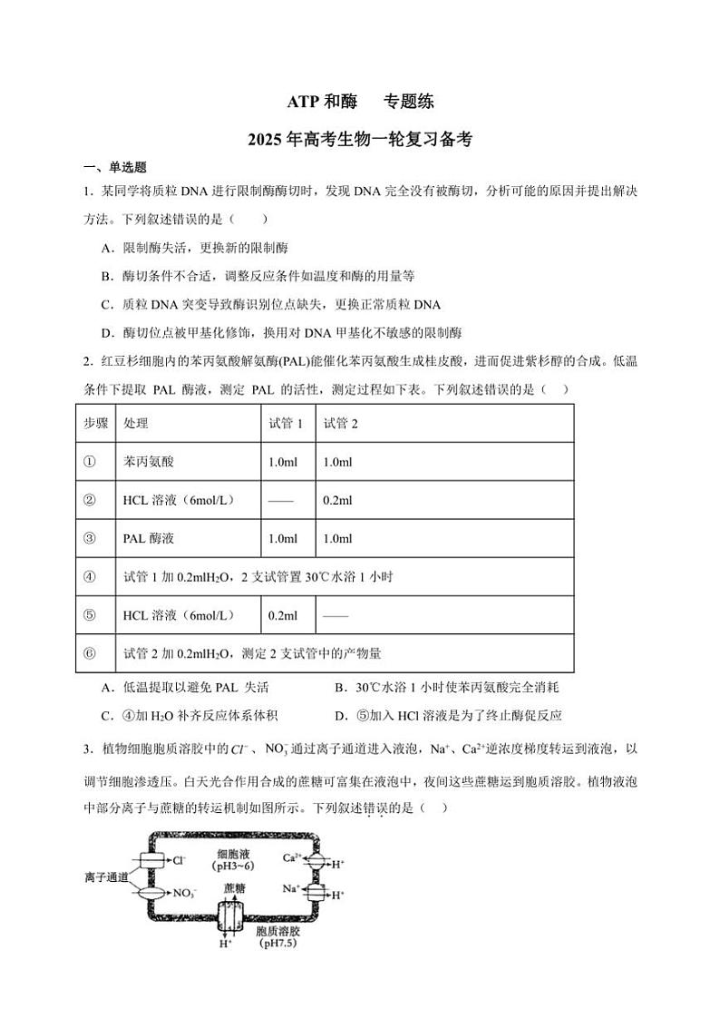2025年高考生物一轮复习 ATP和酶 专题练第1页