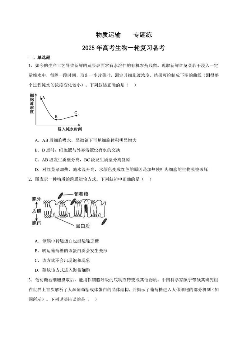 2025年高考生物一轮复习 物质运输 专题练01