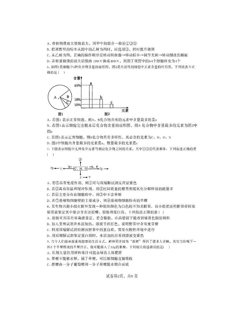 天津市第二十中学2024-2025学年高一上学期期中考试生物试题02