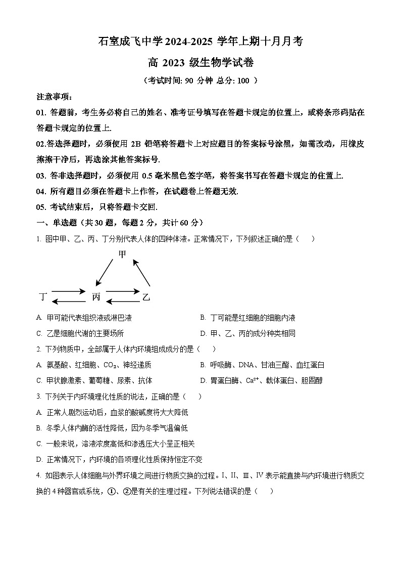 四川省成都市石室中学、成飞中学2024-2025学年高二上学期10月月考生物试卷（Word版附解析）01