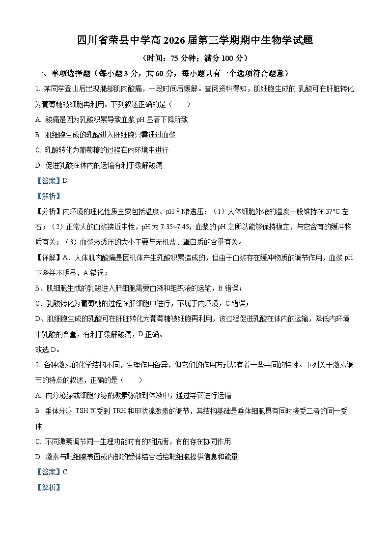 四川省荣县中学高2024—2025学年高三上学期期中考试生物试题 Word版含解析第1页