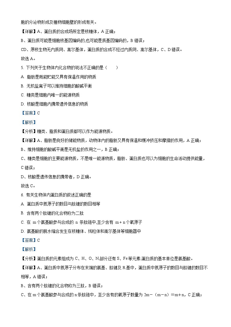 精品解析：北京市北京大学附属中学2024-2025学年高一上学期期中考试生物试题（解析版）第3页