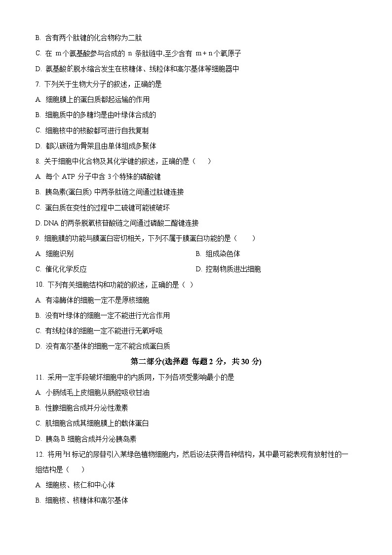 精品解析：北京市北京大学附属中学2024-2025学年高一上学期期中考试生物试题（原卷版）第2页