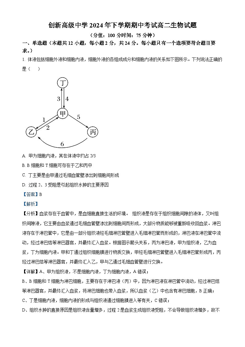 精品解析：湖南省邵东市创新高级中学2024-2025学年高二上学期期中考试生物试题（解析版）第1页