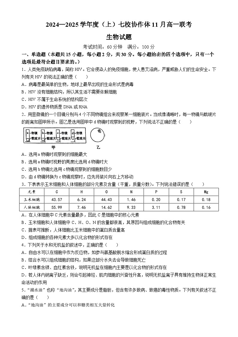 辽宁省丹东市七校协作体2024-2025学年高一上学期11月期中生物试题第1页