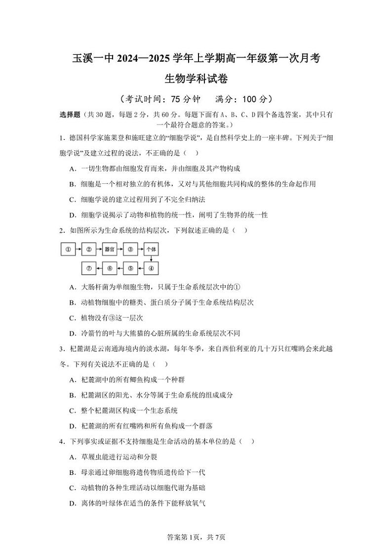 云南省玉溪市第一中学2024～2025学年高一(上)第一次月考生物试卷(含答案)第1页