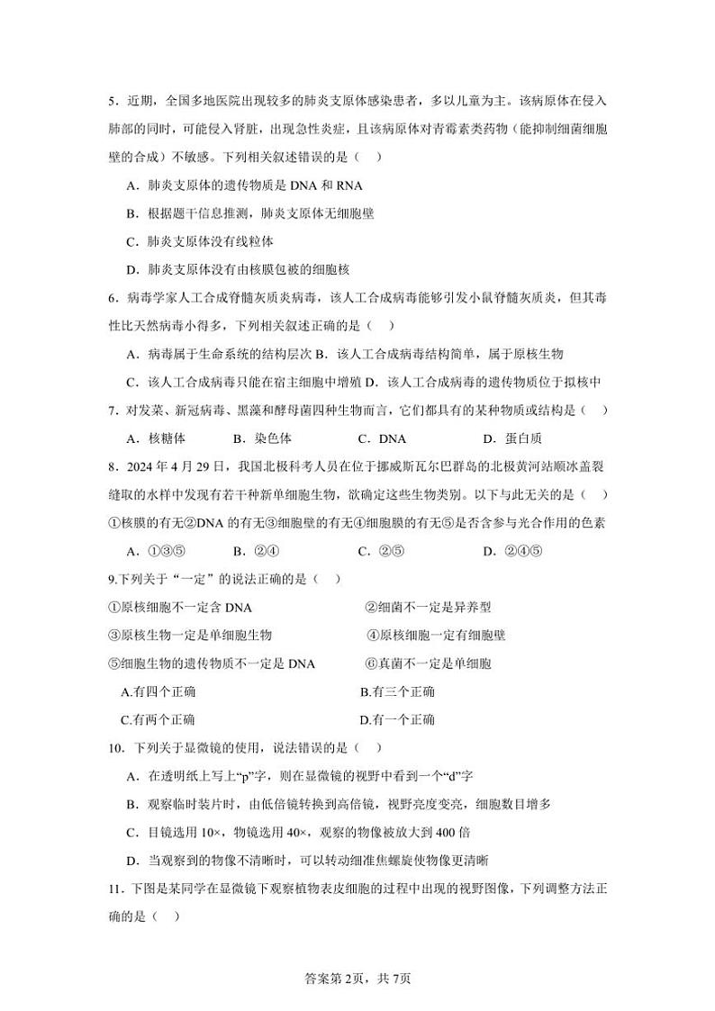 云南省玉溪市第一中学2024～2025学年高一(上)第一次月考生物试卷(含答案)第2页