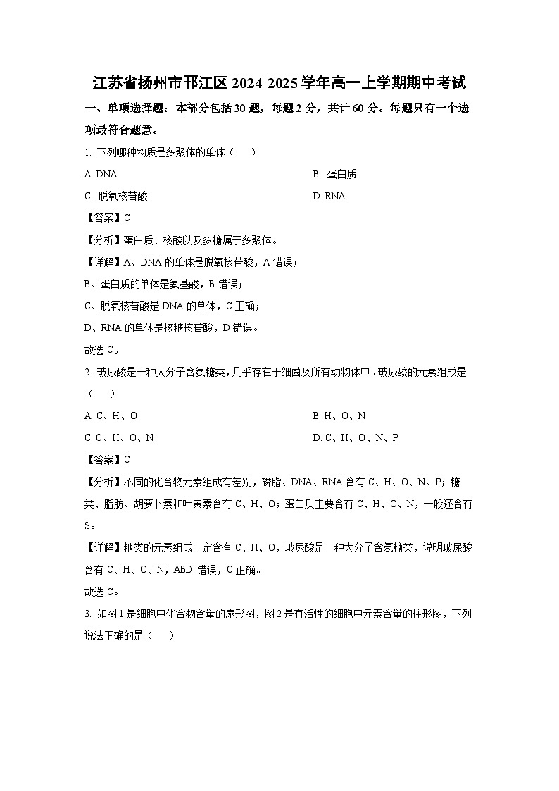 江苏省扬州市邗江区2024-2025学年高一上学期期中考试生物试卷（解析版）01