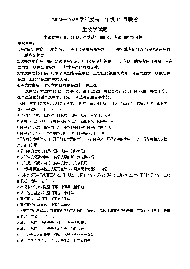 广东省衡水金卷2024-2025学年高一上学期11月联考生物试卷（Word版附答案）01