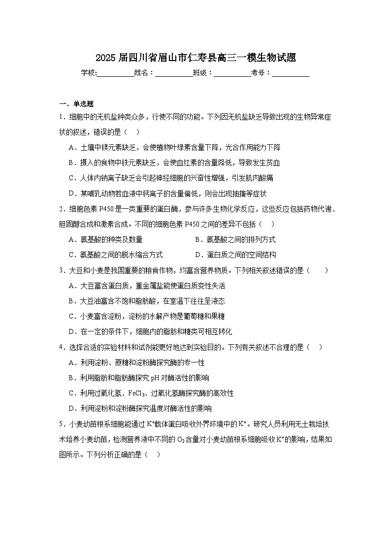2025届四川省眉山市仁寿县高三一模生物试题第1页