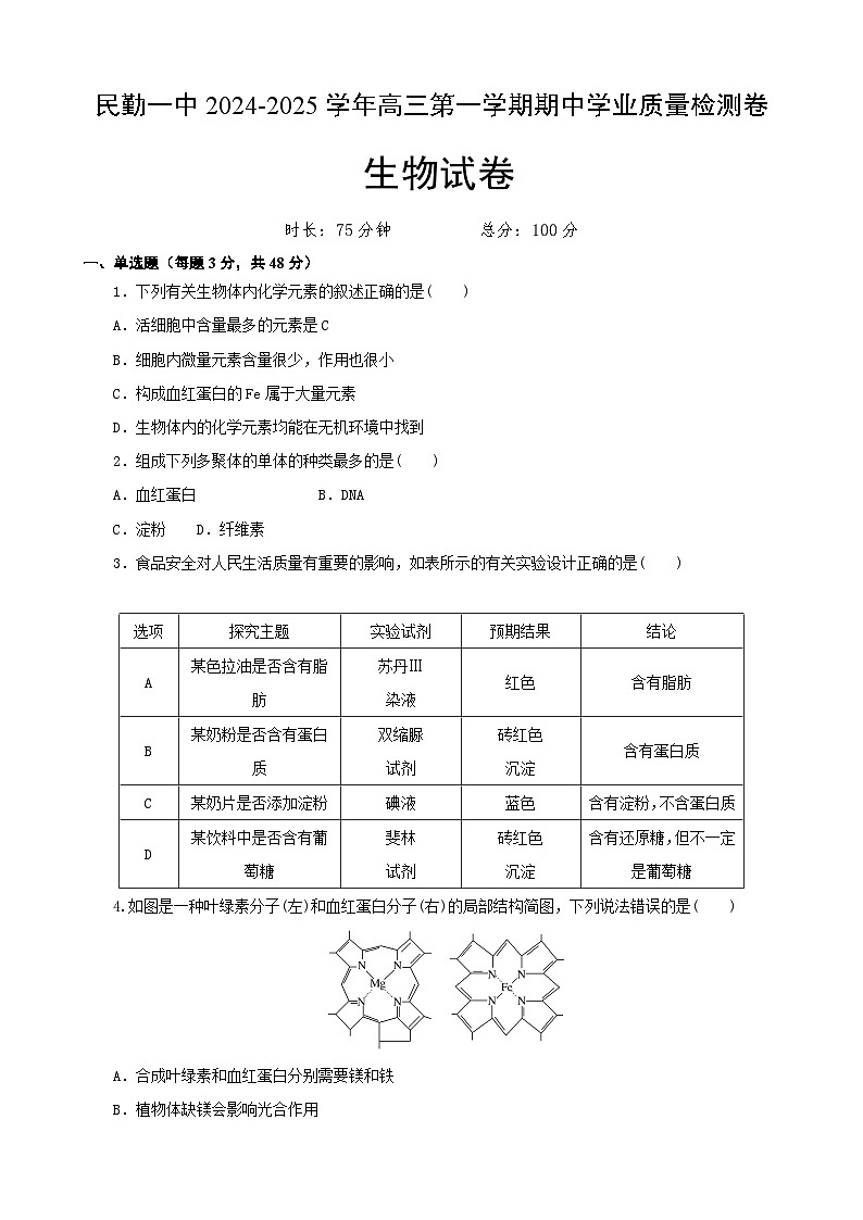 甘肃省武威市民勤县第一中学2024-2025学年高三上学期11月期中生物试题01