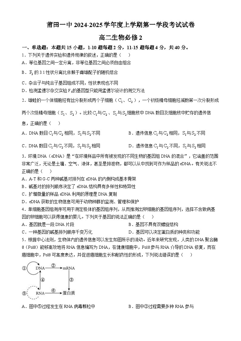 福建省莆田第一中学2024-2025学年高二上学期期中考试生物试题第1页