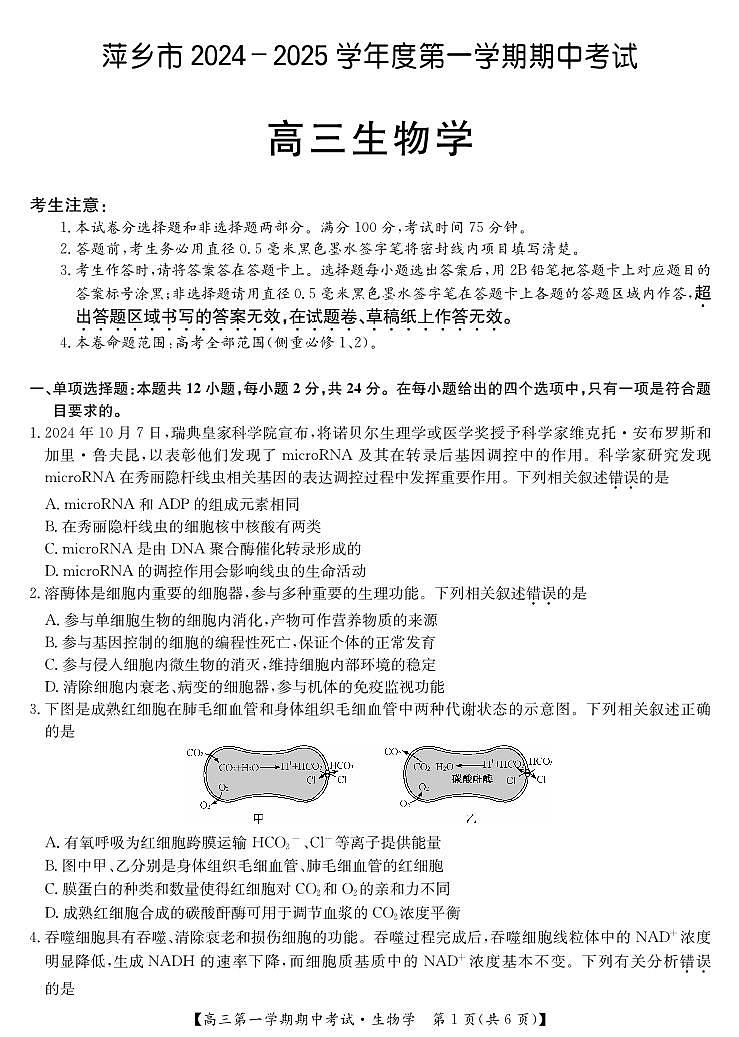 江西省萍乡市2024-2025学年高三上学期期中考试生物试题第1页