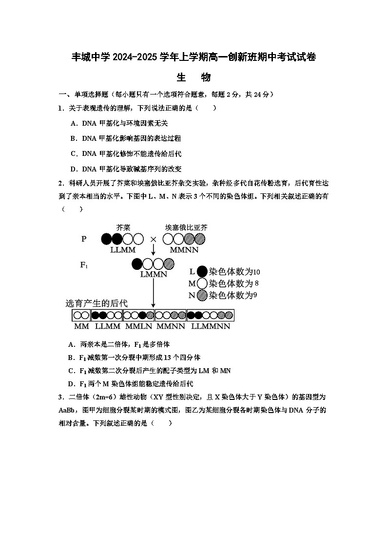 丰城中学2024-2025学年上学期高一期中考试生物试卷（创新班）第1页