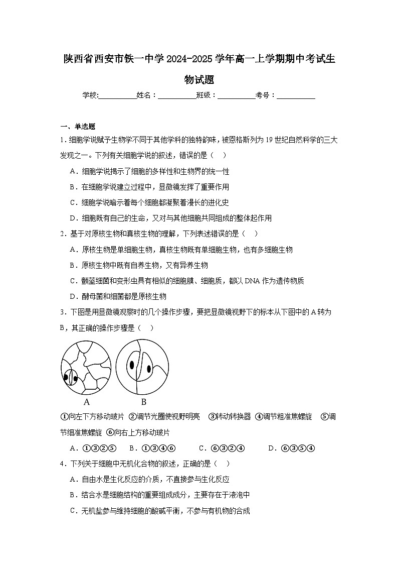 陕西西安碑林区西安市铁一中学2024-2025学年高一上学期期中生物试卷第1页