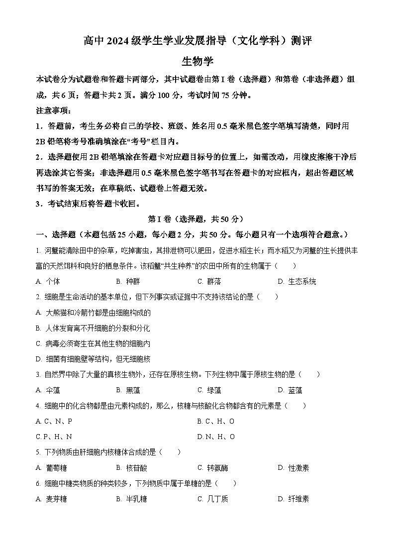 四川省绵阳市2024-2025学年高一上学期11月期中考试生物试题  Word版无答案第1页