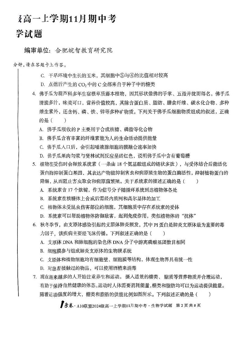 安徽省A10联盟2024-2025学年高一上学期11月期中联考生物试卷02