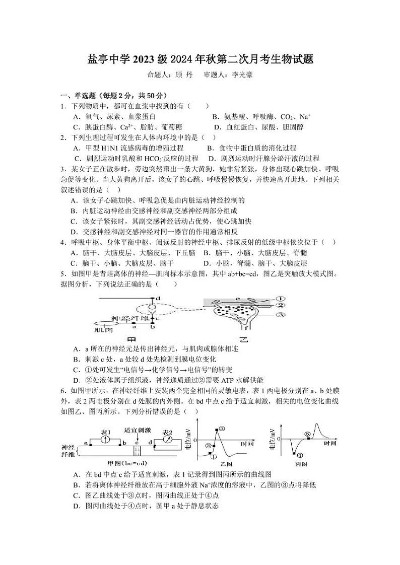 四川省绵阳市盐亭县盐亭中学2024-2025学年高二上学期11月第二次月考生物试题01