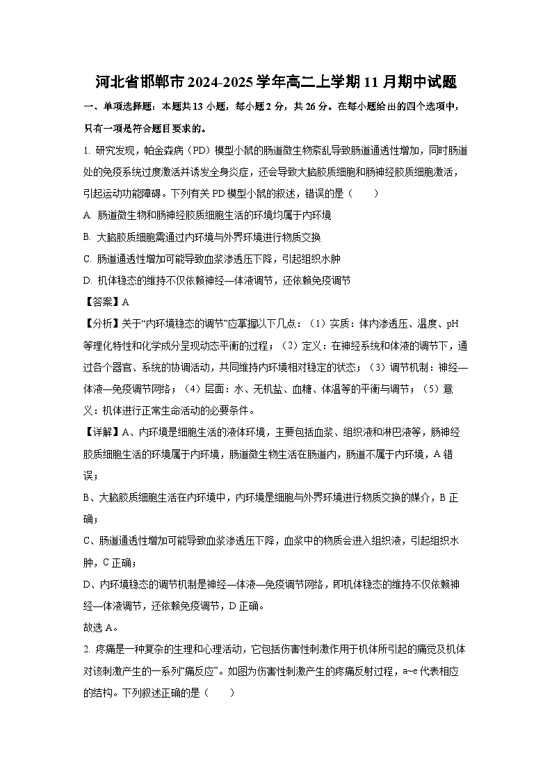 2024-2025学年河北省邯郸市高二(上)11月期中生物试卷(解析版)第1页