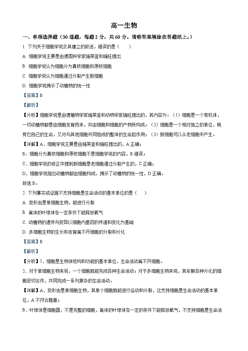 天津市红桥区2024-2025学年高一上学期期中考试生物试题（Word版附解析）01