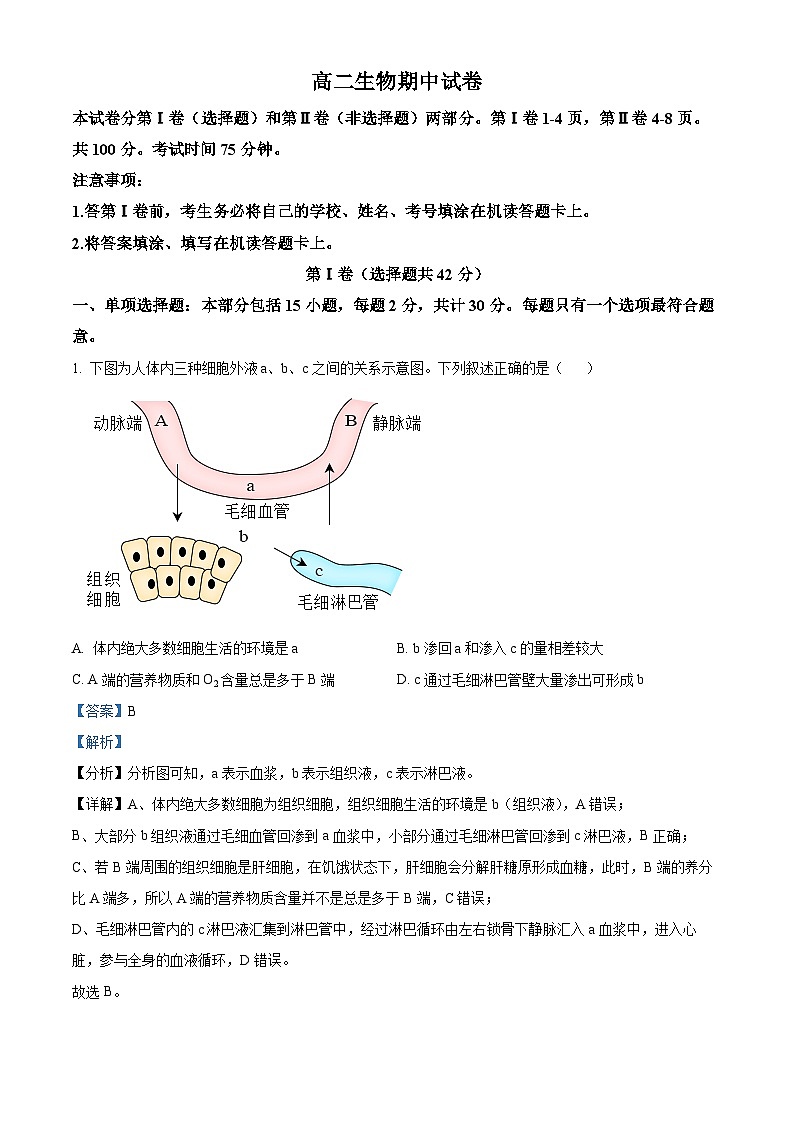 江苏省扬州市江都区2024-2025学年高二上学期11月期中生物试题  Word版含解析第1页
