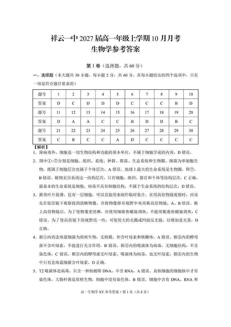 高一年级上学期10月月考生物 -答案第1页