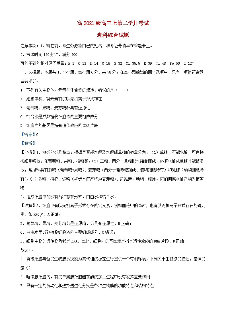 四川省泸州市泸县2023_2024学年高三生物上学期10月月考试题含解析第1页
