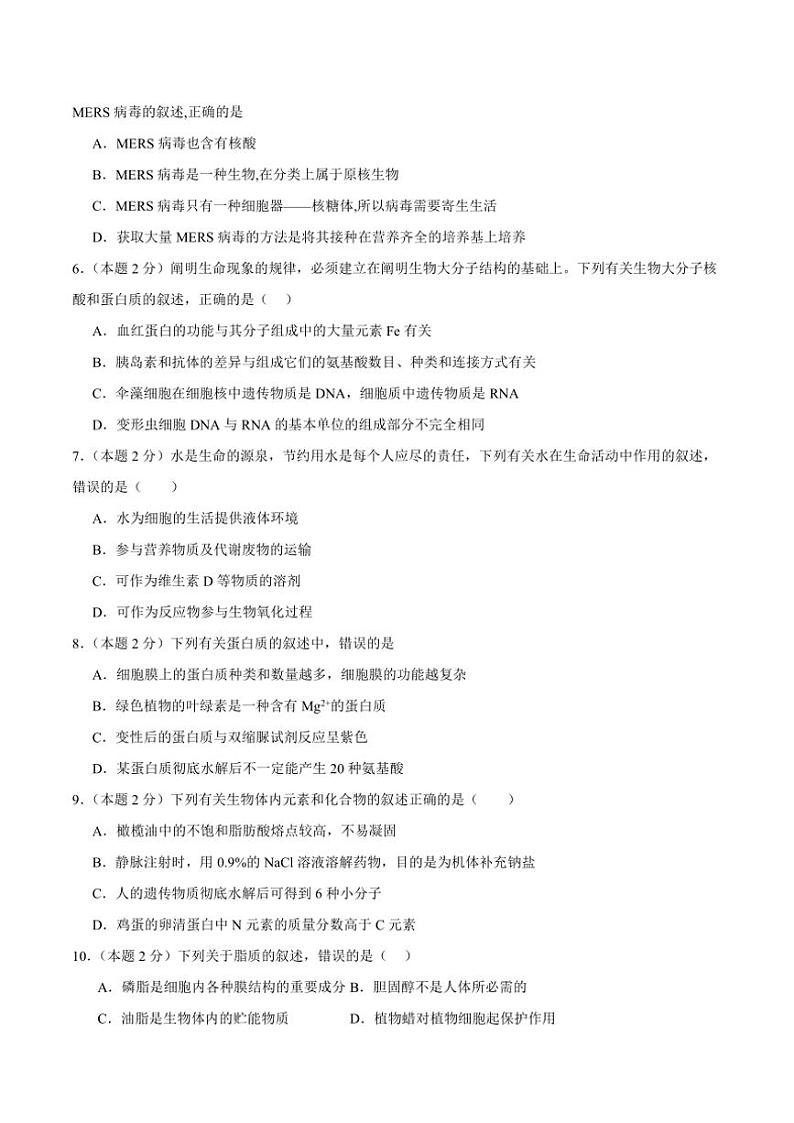 2024～2025学年四川省泸州市龙马潭区高一(上)期中生物试卷(含答案)第2页