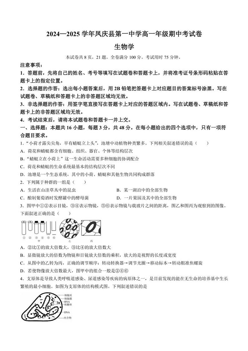 2024～2025学年云南省临沧市凤庆一中高一(上)期中检测生物试卷(含解析)第1页