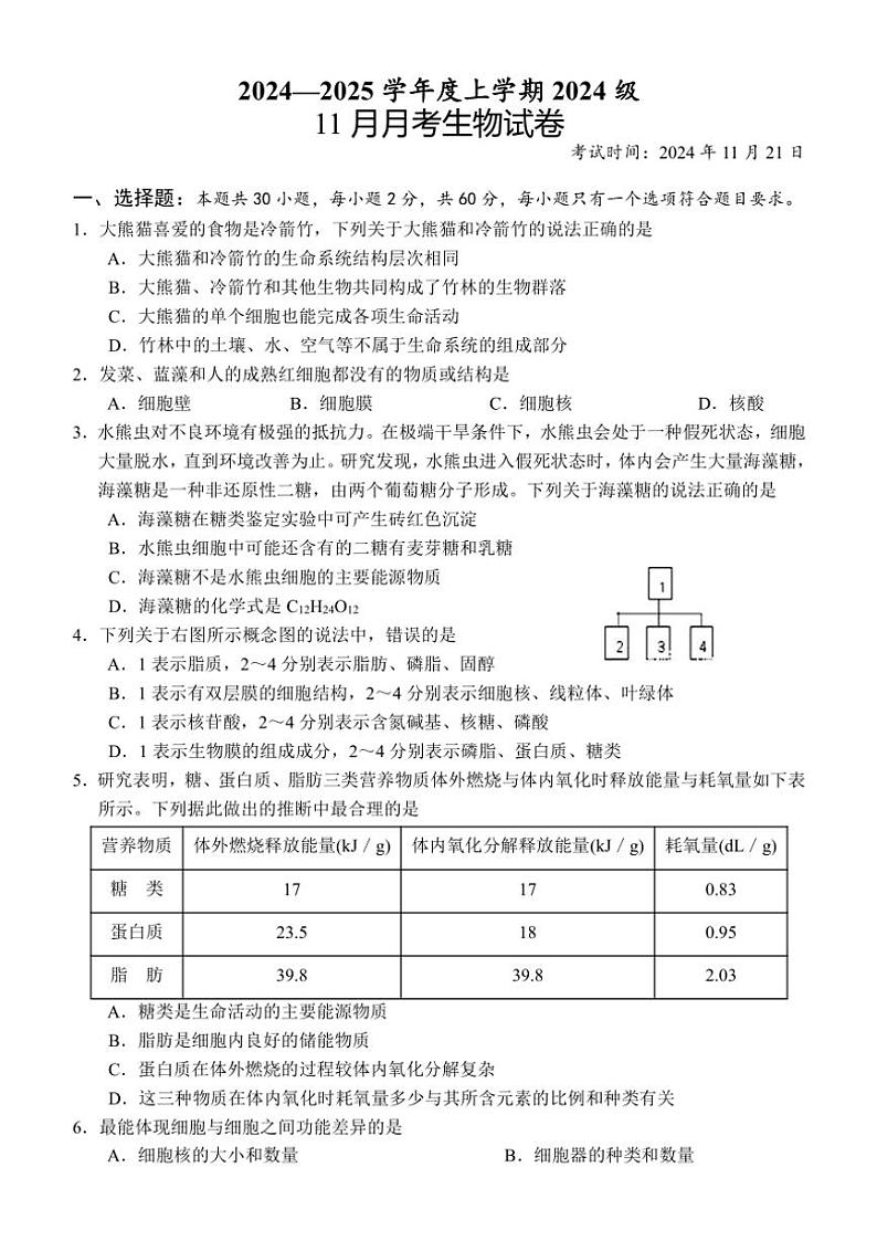 2024～2025学年湖北省荆州市沙市区湖北省沙市中学高一(上)11月月考生物试卷(含答案)第1页