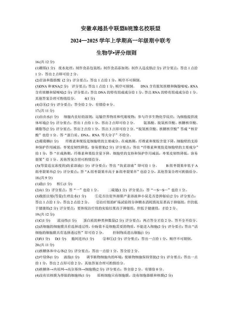 生物-安徽卓越县中联盟 & 皖豫名校联盟   2024-2025学年上学期高一年级期中联考评分细则第1页