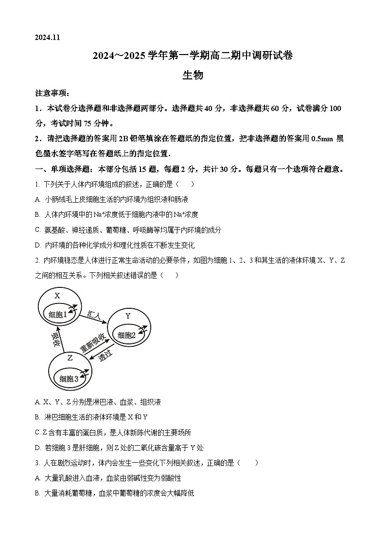 江苏省苏州市2024-2025学年高二上学期11月期中生物试题无答案第1页